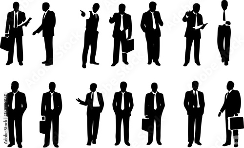Business people silhouettes in various dynamic and professional poses, symbolizing leadership, cooperation, strategic thinking, and office productivity