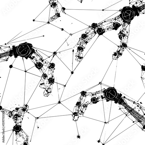 Abstract representation of robotic arms connected by a network of lines and nodes in black and white office life