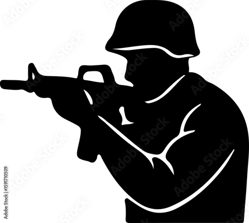 Silhouette of a soldier standing upright, aiming rifle with precision, showcasing military readiness and tactical discipline