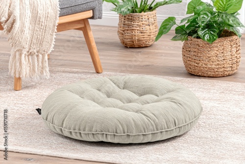Light-gray round floor cushion on beige rug, surrounded by plants and furniture
