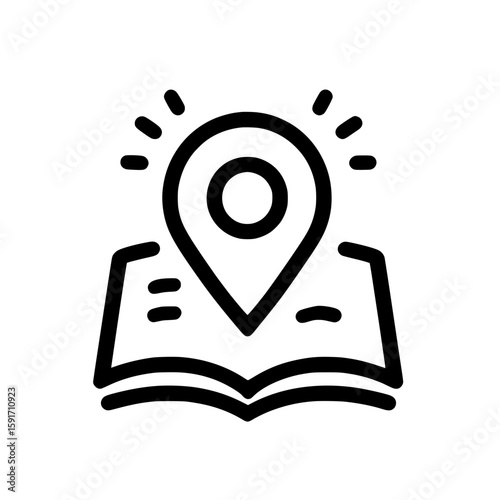Open book icon with location pin symbolizing travel guide, map navigation, or educational exploration.