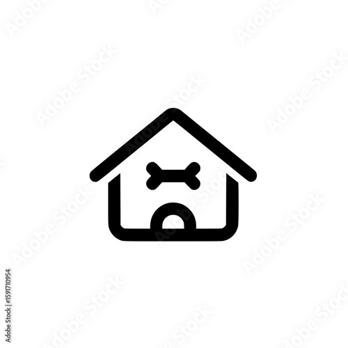 Minimal dog house icon with bone above entrance representing pet shelter, kennel, or animal care.