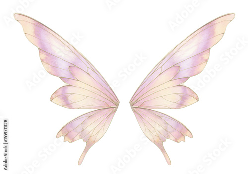 Delicate, translucent fairy wings with intricate veining and iridescent lavender, pastel pink, and golden yellow shimmer, gracefully suspended on a transparent background with copy space, perfect