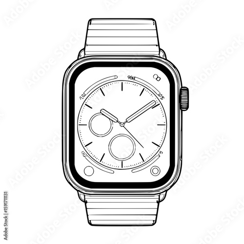 Detailed line art illustration of a modern smartwatch with a metal band and circular indicators office life