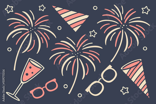 Pattern of Fireworks Party Hats and Glasses vector illustration