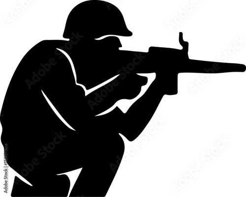 Silhouette of a soldier prone with pistol drawn and backpack, emphasizing stealth, low-profile defense, and survival mode