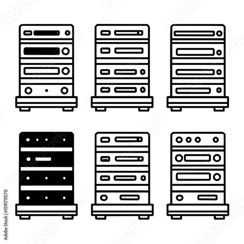 Illustration of six server racks with various configurations and styles in a simple black and white design office life