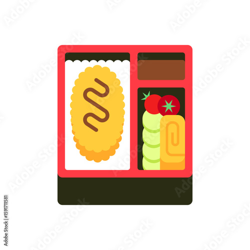 Flat Vector Japanese Bento Box with Tonkatsu, Rice, Tamagoyaki, and Fresh Vegetables on White