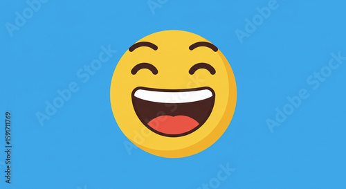 Joyful Yellow Emoji with Wide Smile on Blue Background.
