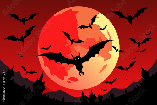 Bats Flying Across a Red Full Moon vector illustration