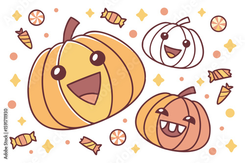 Cute Halloween Pattern with Pumpkins and Candy vector illustration