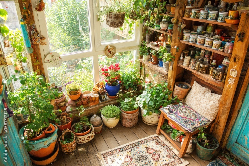 Fototapeta premium Sun-drenched, cozy nook overflowing with vibrant plants and handcrafted d?cor