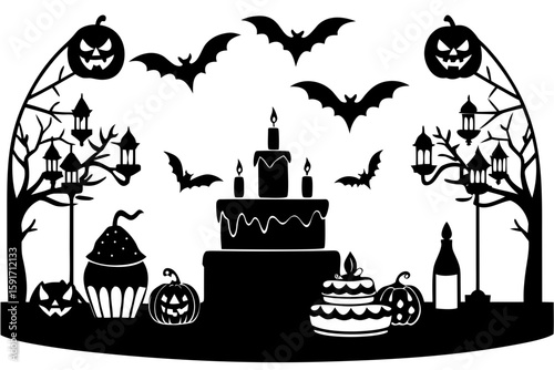 Spooky Halloween Dessert Table Display vector illustration