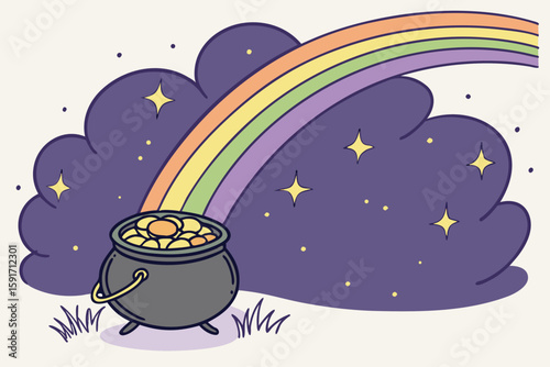 Pot of Gold at End of Curved Rainbow Trail vector illustration
