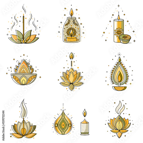 Aromatic candles icon set for blogs, websites, clipart, spa, relaxation, home decor, wellness, educational and awareness materials, presentations