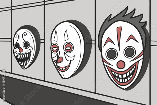 Scary Carnival Masks on Wall with Shadow vector illustration