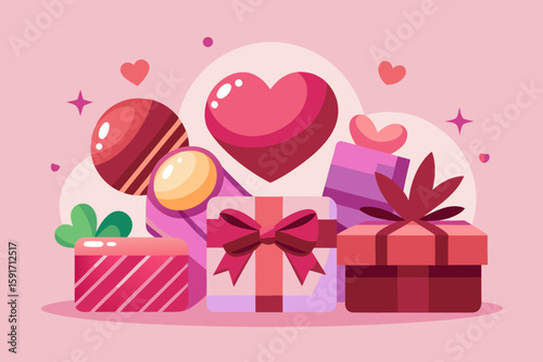 Valentine's Gift Boxes and Chocolates Arranged vector illustration