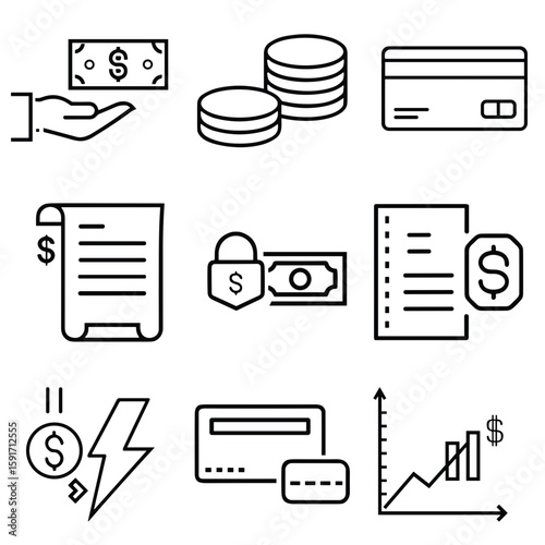 Money, bank card, cash, coins icon set for blogs, websites, clipart, finance, banking, business, educational and awareness materials, presentations