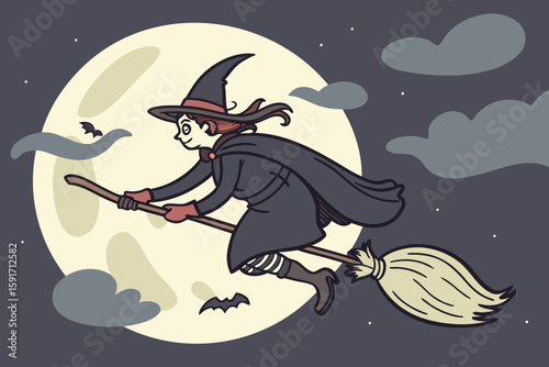 Witch Flying Across the Moon with Eerie Clouds vector illustration