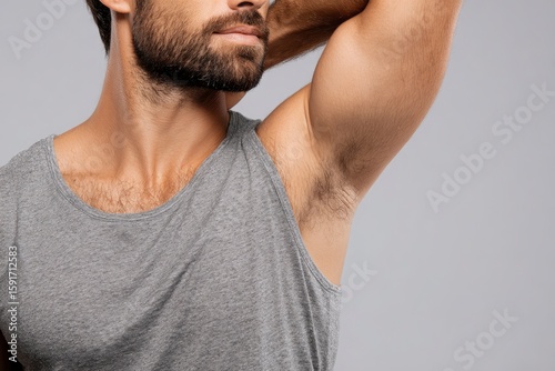 Torso of a bearded man in a gray tank top arm raised showing underarm hair