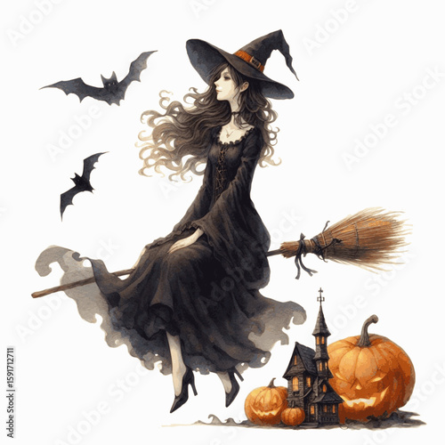 Witch & Familiar Halloween Witch isolated watercolor vector illustration svg