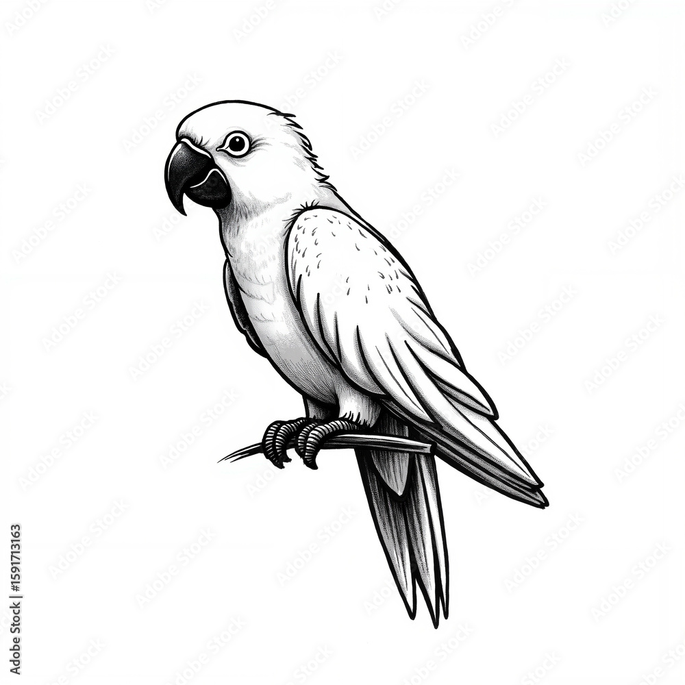 Fototapeta premium Black and white illustration of a parrot perched on a branch 