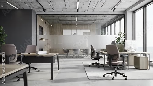 Smooth camera movement through a contemporary open plan office space showcasing modern furniture minimalist design and a glass walled conference room
