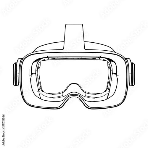 Detailed line drawing of virtual reality headset with head strap and adjustable side pieces on white background