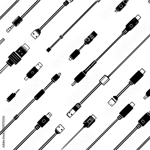 Black and white seamless pattern featuring various types of cable connectors and cords on a white backdrop