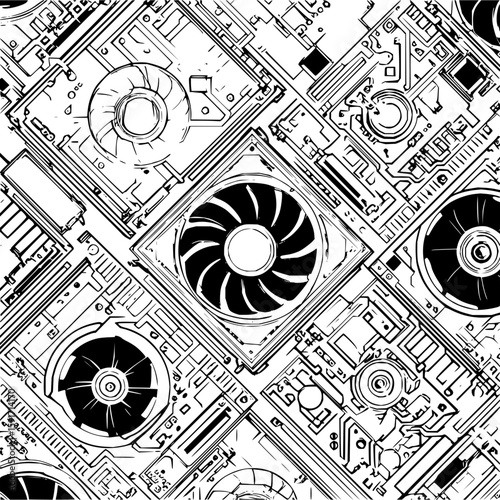 Detailed black and white illustration of computer components and cooling fans in a complex pattern