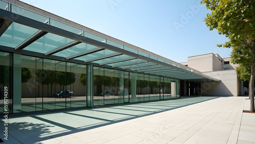 Building Modernist building with long glass canopy extending into plaza, casting patterns of shadow over pavement. (4).jpg