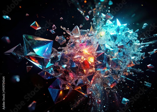 Shattered Glass Explosion, Abstract Art, Black Background, Dramatic Photo, Air Particles, Close Up,  Fine Art Photography