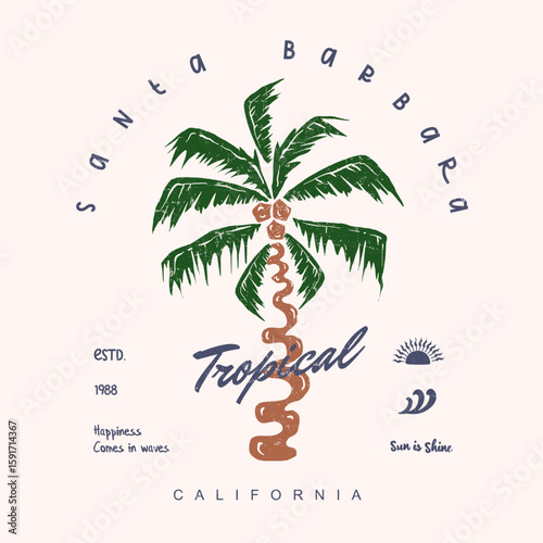 palm tree artwork with t t shirt design. Ocean Spirit slogan typograph text for summer vibes. tropical vintage retro surfing print. t shirt art for tropical sur vector. Santa Barbara California beach.