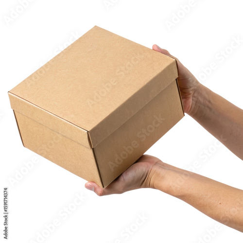 Hands holding a cardboard box over a white background in a minimalistic style