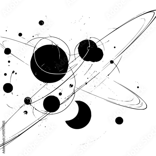 Abstract representation of celestial bodies with rings and scattered dots in black and white style