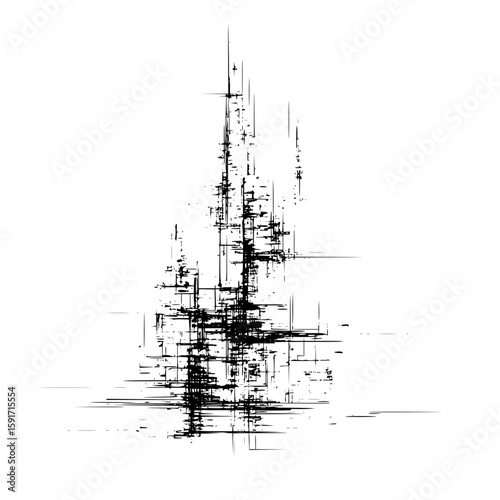 Abstract black and white composition featuring a central vertical structure formed by intersecting lines and marks