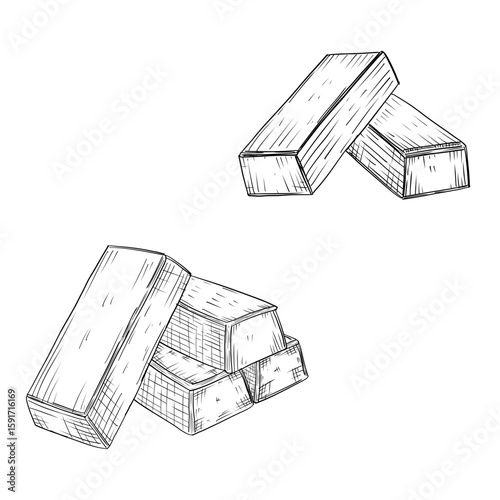 Sketch collection of gold bar ingots in engraving style. Black and white hand drawn vector illustration.