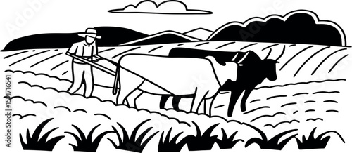 Vintage Farming Scene Vector – Black and White Illustration of Farmer Plowing Fields with Oxen in Countryside Landscape for Traditional Agriculture Concepts