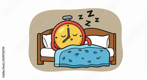 Cartoon Alarm Clock Character Sleeping Peacefully in Bed with Zzzs.