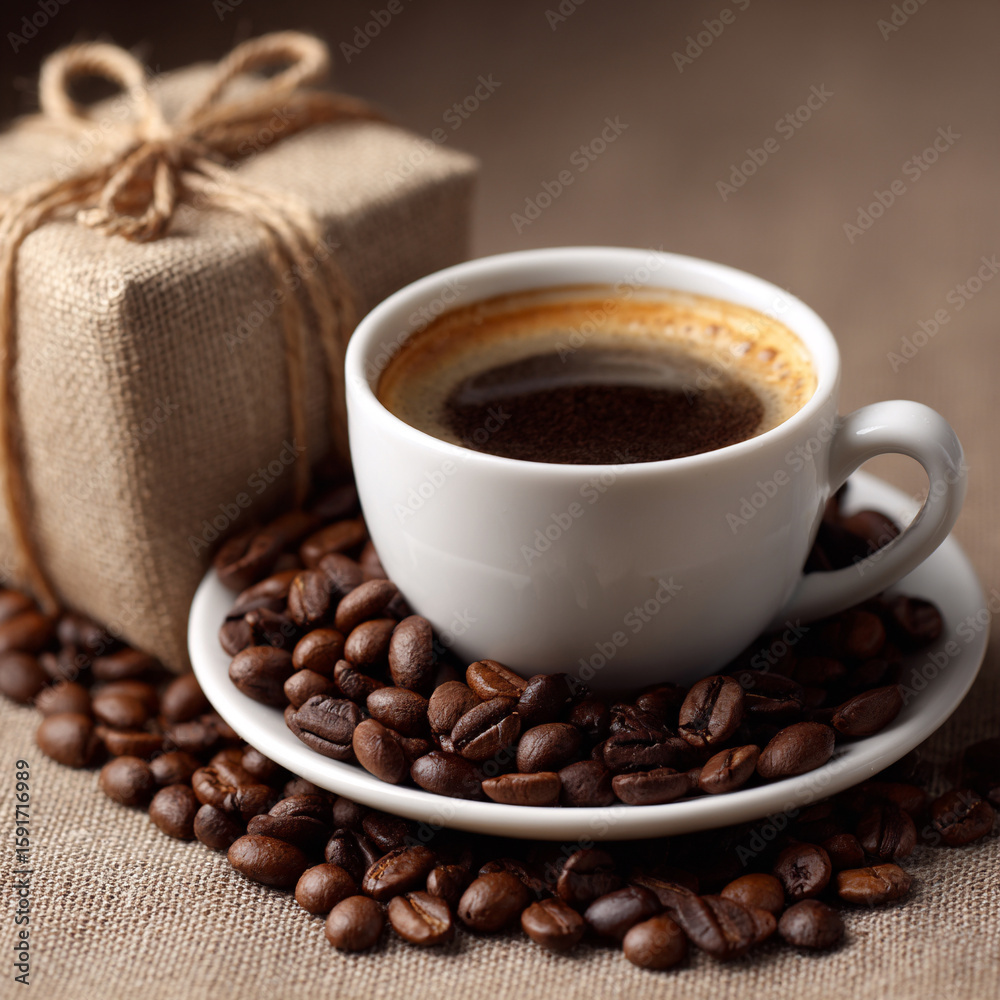 Fototapeta premium up of coffee and coffee beans inside, portraying coffee as a delightful present with a well-presented copy space image.