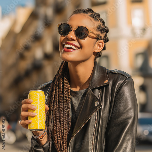 Smiling young Afro woman with braided hair enjoys a sunny day in the city, holding a yellow soda can. She wears stylish sunglasses and a black leather jacket, radiating joy and confidence.