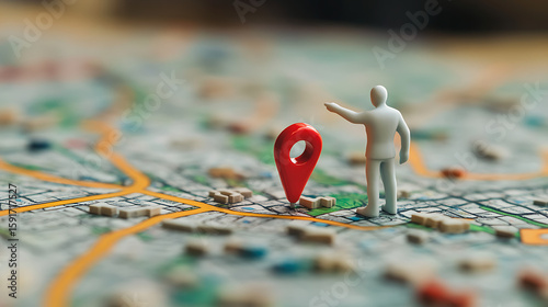 A miniature figure pointing on a map next to a red location pin indicating a specific destination