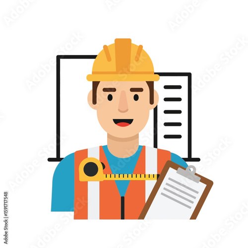 Cartoon Construction Worker with Hard Hat Vest Clipboard and Measuring Tape.
