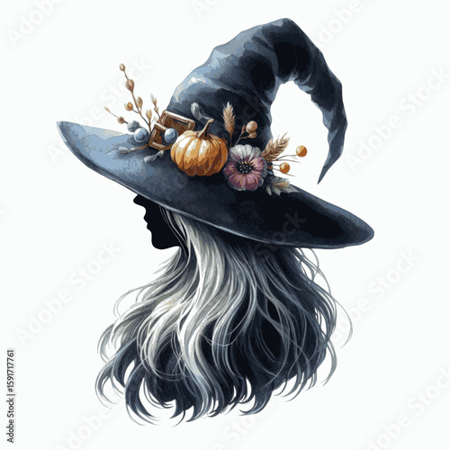 Moonlit Flight Halloween Witch isolated watercolor vector illustration svg