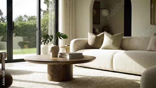 Sunlit modern living room interior with a comfortable sofa and wooden coffee table a slow pan shot revealing the elegant home decor and a view of the green garden