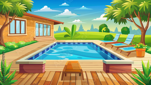 Swimming pool in backyard with wooden deck and lounge chairs. Clear water and sunny setting