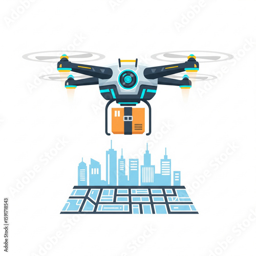 Futuristic Delivery Drone with Package Over City Map Vector Illustration