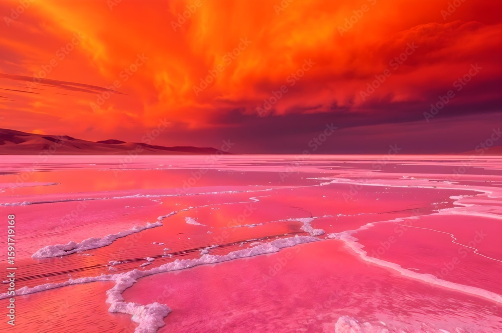 Obraz premium Vivid Crimson Dreamscape: An expansive salt flat under an fiery, dramatic sky. The cracked earth reflecting a brilliant palette of colors, a surreal and mesmerizing landscape