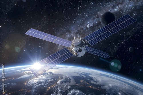 Celestial Sentinel: A sleek satellite glides gracefully above Earth, its solar panels catching the radiant light, accompanied by the mesmerizing expanse of stars, nebulas, and celestial bodies. 