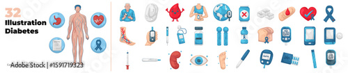 Diabetes Editable illustration set. Vector illustration in modern style of Medicine illustration: cancer, allergy, diagnosis, etc
